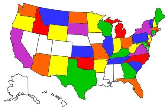 Map of the United States with the states Atlas has visited in his airplane highlighted in color